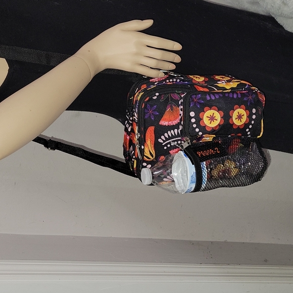 Black with flowers crossbody bag. Canvas holds bottle water. - Picture 8 of 8